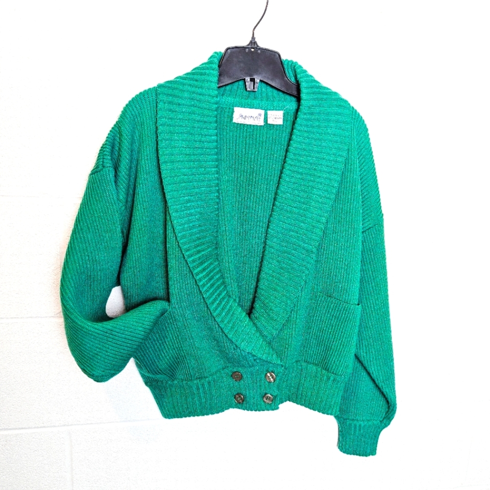 Vintage Savannah Knit Cardigan Grandpa Sweater Emeral Green Slouchy Button Up